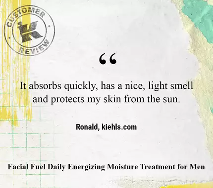 Alt text: A customer review for Kiehl's Facial Fuel Daily Energizing Moisture Treatment for Men, highlighting its quick absorption, pleasant scent, and sun protection.
