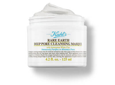 Kiehl's Rare Earth Deep Pore Cleansing Masque in a white jar, designed to purify skin and minimize pores.