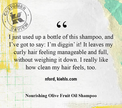 Customer review of Kiehl's Nourishing Olive Fruit Oil Shampoo, praising its ability to leave curly hair manageable and clean without weighing it down.