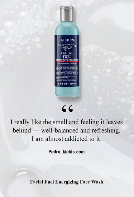 A product advertisement for Kiehl's Facial Fuel Energizing Face Wash featuring a blue bottle on a light, textured background, accompanied by a customer testimonial expressing satisfaction with its refreshing scent and feeling.