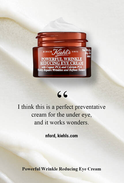An image featuring a jar of Kiehl's Powerful Wrinkle Reducing Eye Cream on a smooth, creamy background, accompanied by a quote praising the product's effectiveness.
