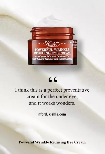An image featuring a jar of Kiehl's Powerful Wrinkle Reducing Eye Cream on a smooth, creamy background, accompanied by a quote praising the product's effectiveness.
