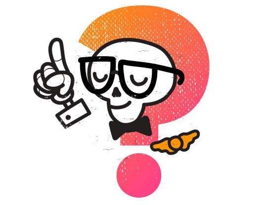 Esqueleto con gafas y pajarita, sosteniendo una llave, enmarcado por un signo de interrogacion colorido.