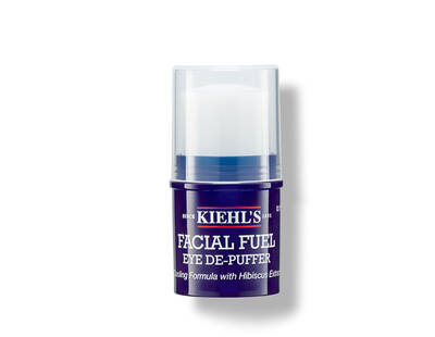 Crema deshinchante para ojos de Kiehl's, en envase azul, con ingredientes naturales como extracto de hibisco.