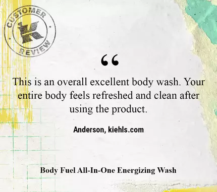 Customer review highlighting the effectiveness of an all-in-one body wash, emphasizing that it leaves the body feeling refreshed and clean.
