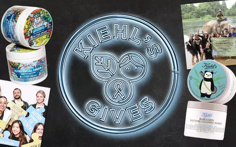 Collage de imagenes que muestran productos de Kiehl's y eventos de la marca, incluyendo grupos de personas en actividades y la mascota de Kiehl's.