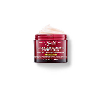 Tarro de mascara reafirmante de Kiehl's con hoja de jengibre y hibisco, de 100 ml, con textura cremosa y tapa roja.