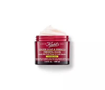 Tarro de mascara reafirmante de Kiehl's con hoja de jengibre y hibisco, de 100 ml, con textura cremosa y tapa roja.