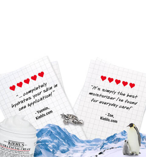 A jar of Kiehl's Ultra Facial Cream next to handwritten notes expressing the product's hydrating benefits, with a snowy mountain backdrop and a penguin on the right.