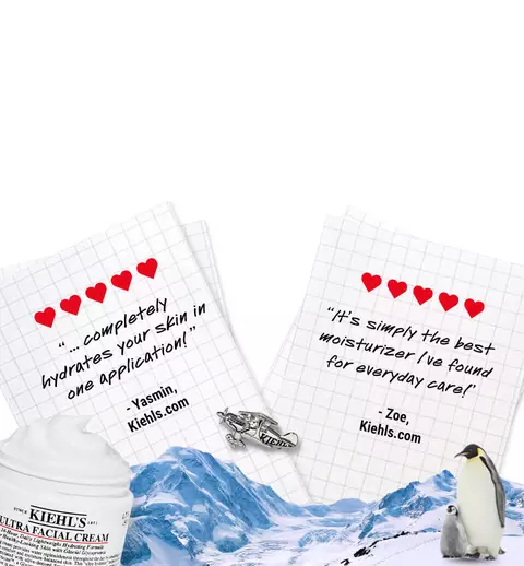 A jar of Kiehl's Ultra Facial Cream next to handwritten notes expressing the product's hydrating benefits, with a snowy mountain backdrop and a penguin on the right.