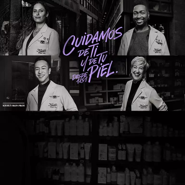 Imagen en blanco y negro de tres profesionales de la belleza sonriendo frente a estantes llenos de productos para el cuidado de la piel, con el texto "Cuidamos de ti y de tu piel."