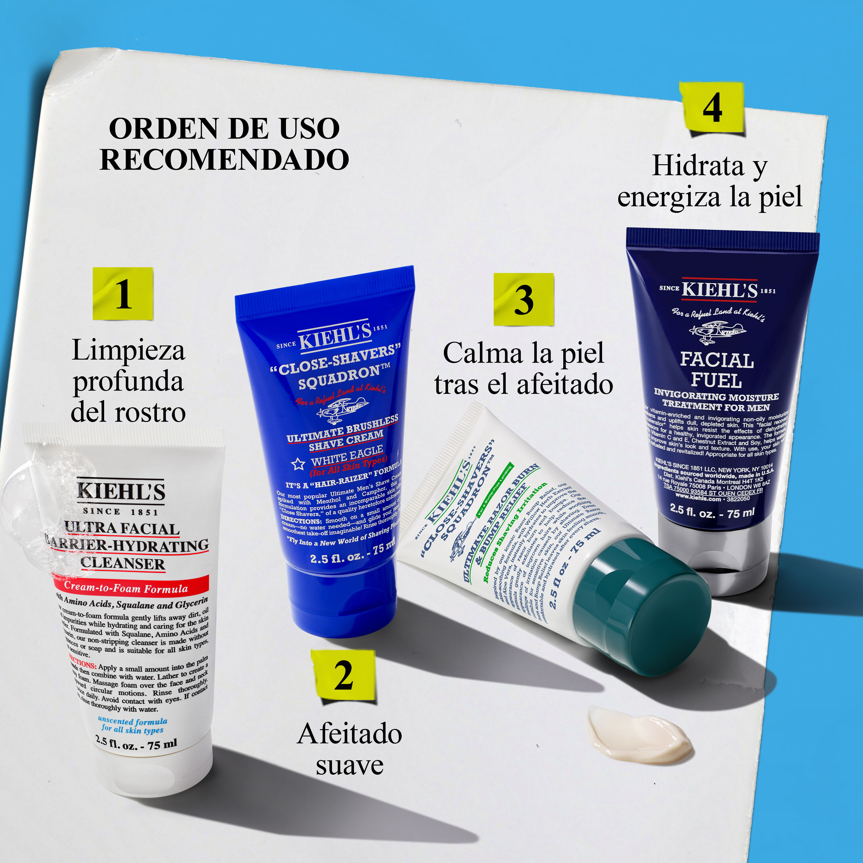 Kiehl's recommended men's routine: Ultra Facial Cleanser, Close-Shavers Squadron shave cream, a soothing product, and Facial Fuel moisturizer to deeply cleanse, shave, soothe, and re-energize.