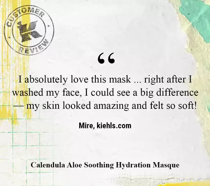 Alt text: A customer review featuring a positive testimonial about a hydration masque from Kiehl's. The text expresses satisfaction with visible skin improvement after use, displayed on a textured background with a stamp-like logo.