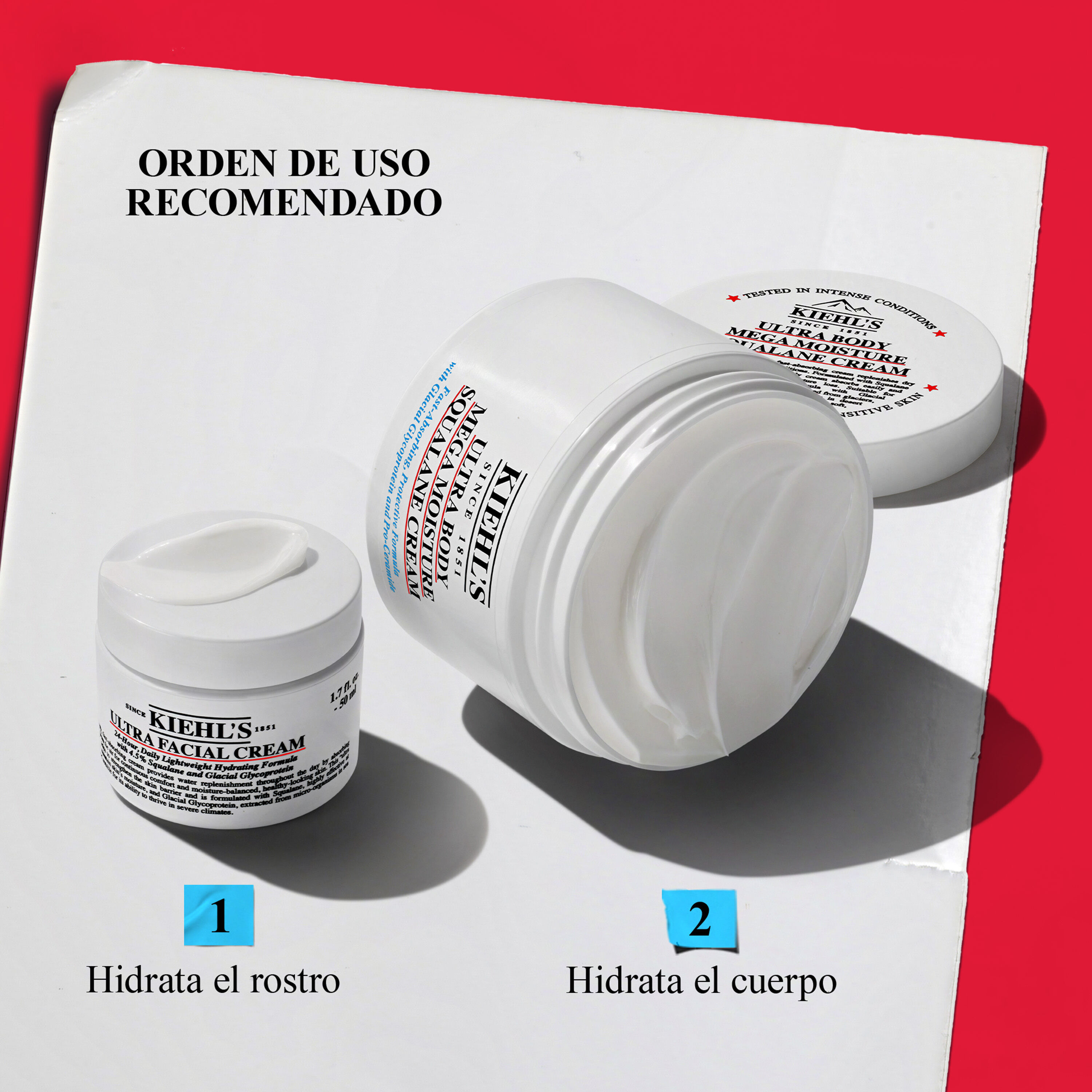 Kiehl's recommended order of use: Ultra Facial Cream to hydrate face, followed by Ultra Body Mega Moisture Squalane Cream to moisturize the body.​