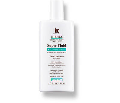 Kiehl’s Super Fluid UV Mineral Defense sunscreen bottle, 1.7 fl oz, with broad spectrum SPF 50 for sensitive skin.