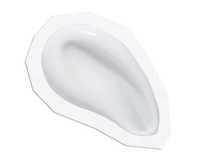 A smooth, curved white object resembling a teardrop shape, positioned on a plain white background, with a thin edge outline.