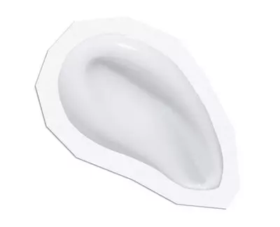 A smooth, curved white object resembling a teardrop shape, positioned on a plain white background, with a thin edge outline.
