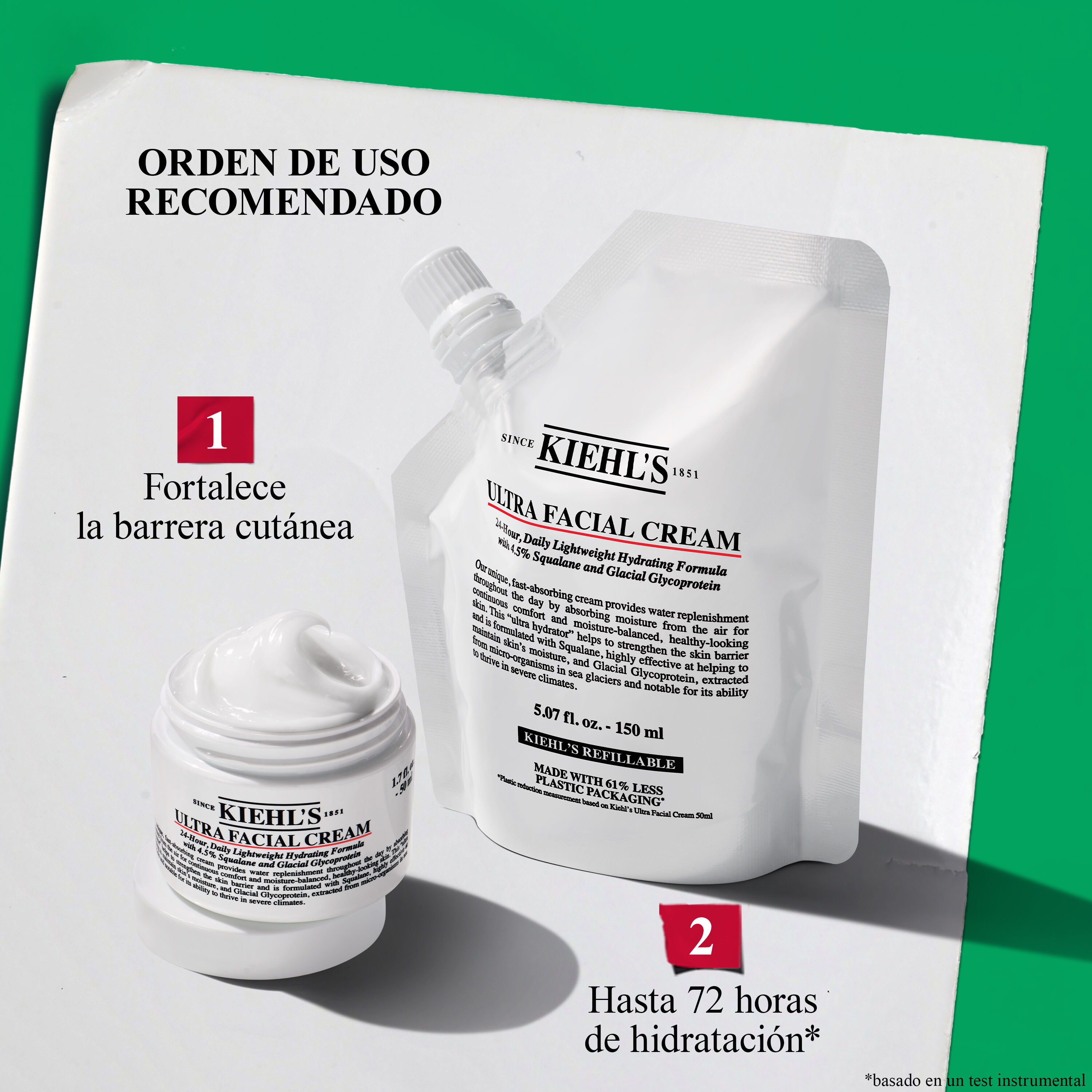 Kiehl's Ultra Facial Cream jar and refill pouch, recommended for strengthening skin barrier and providing 72-hour hydration.​