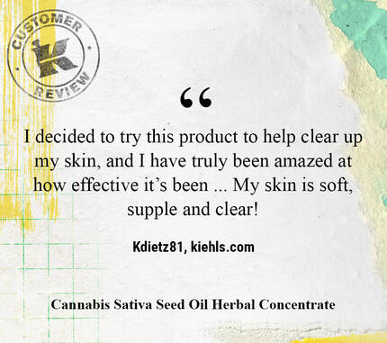 An artistic background features a customer review praising a skincare product for its effectiveness, describing the skin as soft, supple, and clear. The product mentioned is Cannabis Sativa Seed Oil Herbal Concentrate from Kiehl's.