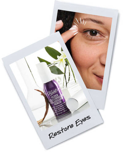 Serum para ojos de Kiehl’s, con mujer aplicandolo en el contorno de los ojos, rodeada de elementos naturales.