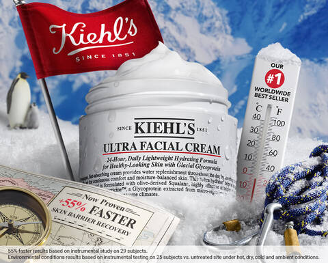 A jar of Kiehl's Ultra Facial Cream sits in a snowy landscape, accompanied by a thermometer displaying a low temperature and a red flag with the Kiehl's logo, highlighting the product as a bestseller.