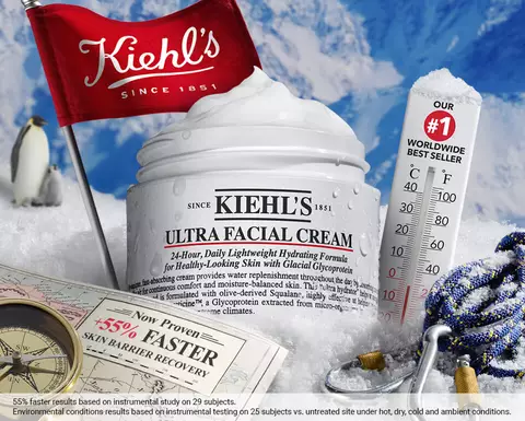 A jar of Kiehl's Ultra Facial Cream sits in a snowy landscape, accompanied by a thermometer displaying a low temperature and a red flag with the Kiehl's logo, highlighting the product as a bestseller.