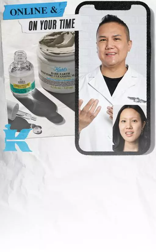 Imagen que muestra productos de cuidado de la piel de Kiehl's junto a dos profesionales de la salud, uno de ellos de pie frente a la camara y el otro en un telefono movil. El texto dice "EN LINEA Y A SU TIEMPO".