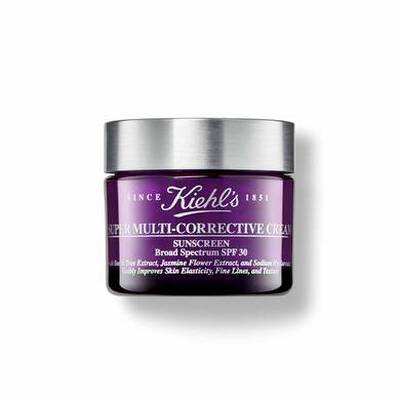 Crema solar de Kiehl's, frasco morado de 50 ml, con SPF 30, disenada para mejorar la elasticidad de la piel y lineas finas.