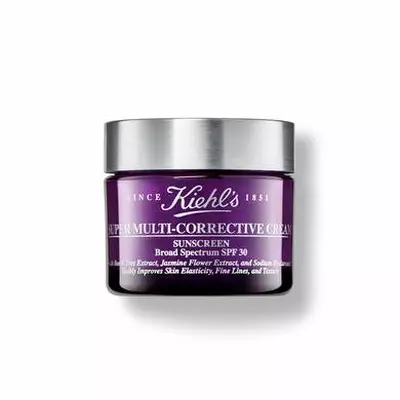 Crema solar de Kiehl's, frasco morado de 50 ml, con SPF 30, disenada para mejorar la elasticidad de la piel y lineas finas.