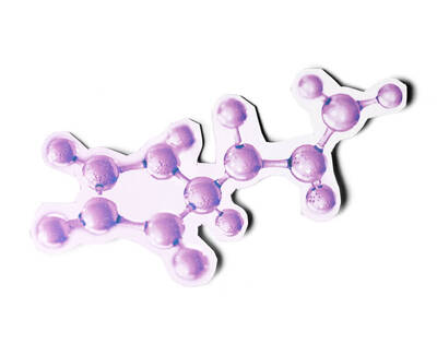 A stylized illustration of a molecular structure, featuring interconnected spheres in shades of purple, representing atoms and bonds.