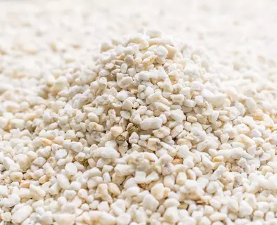 A close-up of a small mound of white, granular material resembling small pebbles or grains.
