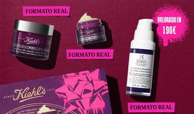 A graphic displays three Kiehl's products and a gift box against a dark red background with bright pink graphic elements. A purple jar of " Kiehl's SUPER MULTI-CORRECTIVE CREAM" is on the left, labeled "FULL SIZE" in a pink box. Above it is a smaller purple jar of " Kiehl's SUPER MULTI-CORRECTIVE EYE ZONE TREATMENT", also labeled "FULL SIZE" in a pink box below it. On the right, a white and purple bottle of "KIEHL'S Retinol Skin-Renewing Daily Micro-Dose Serum" is visible, with a pink box below it stating "FULL SIZE". A larger pink graphic splash in the upper right corner announces "VALUE $184".