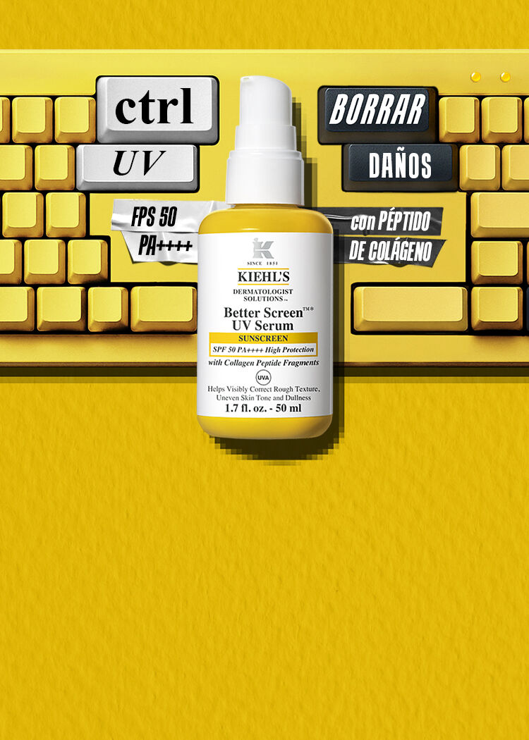 Frasco de Kiehl's Better Screen UV Serum SPF 50 sobre un teclado amarillo creativo con los mensajes 'ctrl UV' y 'Borrar Danos con peptido de colageno'