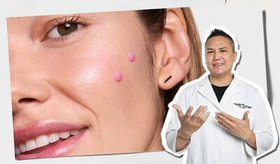 Close-up of model’s cheek with pink serum dots showing application placement, alongside an expert figure in a white coat gesturing toward the skincare tutorial.