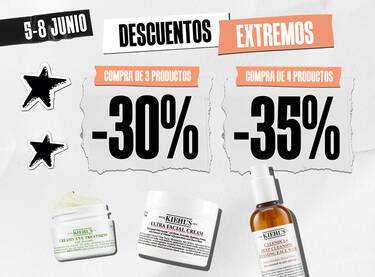 Promocion de Kiehl's: descuento del 30% por comprar 3 productos y del 35% por comprar 4, del 5 al 8 de junio.