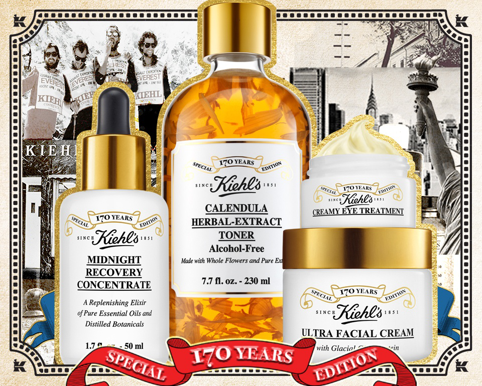 Frascos de productos de cuidado de la piel de Kiehl's sobre un fondo decorativo, con imagenes en blanco y negro de la historia de la marca.