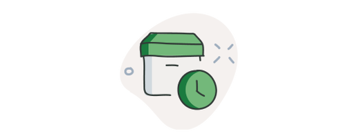 Ilustracion de un recipiente con tapa verde y un reloj, simbolizando la gestion del tiempo.