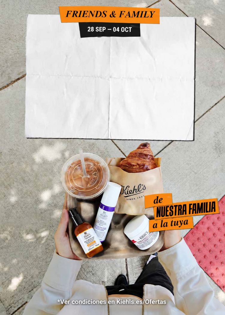 Manos con productos Kiehl's. Promocion Friends & Family: -30% en todo (28 sep - 4 oct). "De nuestra familia a la tuya".