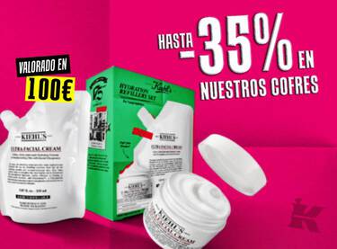 Cofre de hidratacion Ultra Facial de Kiehl's con anuncio de hasta el 35% de descuento en cofres de la marca.