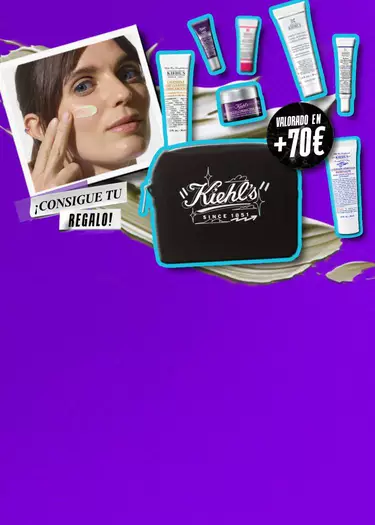 Neceser negro Kiehl's y minitallas de regalo valoradas en mas de 70 € junto a modelo aplicando crema.