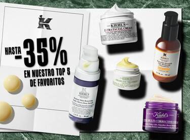 Anuncio de Kiehl's con hasta -35% de descuento en su top 5 de productos favoritos, como cremas y serums.