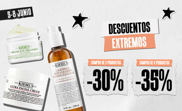 Promocion de Kiehl's: descuento del 30% por comprar 3 productos y del 35% por comprar 4, del 5 al 8 de junio.