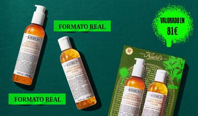 A graphic, set against a dark green textured background, features two full-size bottles: "Kiehl's Calendula Deep Cleansing Foaming Face Wash" and "Kiehl's Calendula Herbal-Extract Toner," both with clear packaging and amber-colored liquid. Each bottle is labeled "FULL SIZE" in bright green. On the right, a green and gold Kiehl’s gift box displays the same two products. In the upper right corner, a bright green paint splatter contains the text.