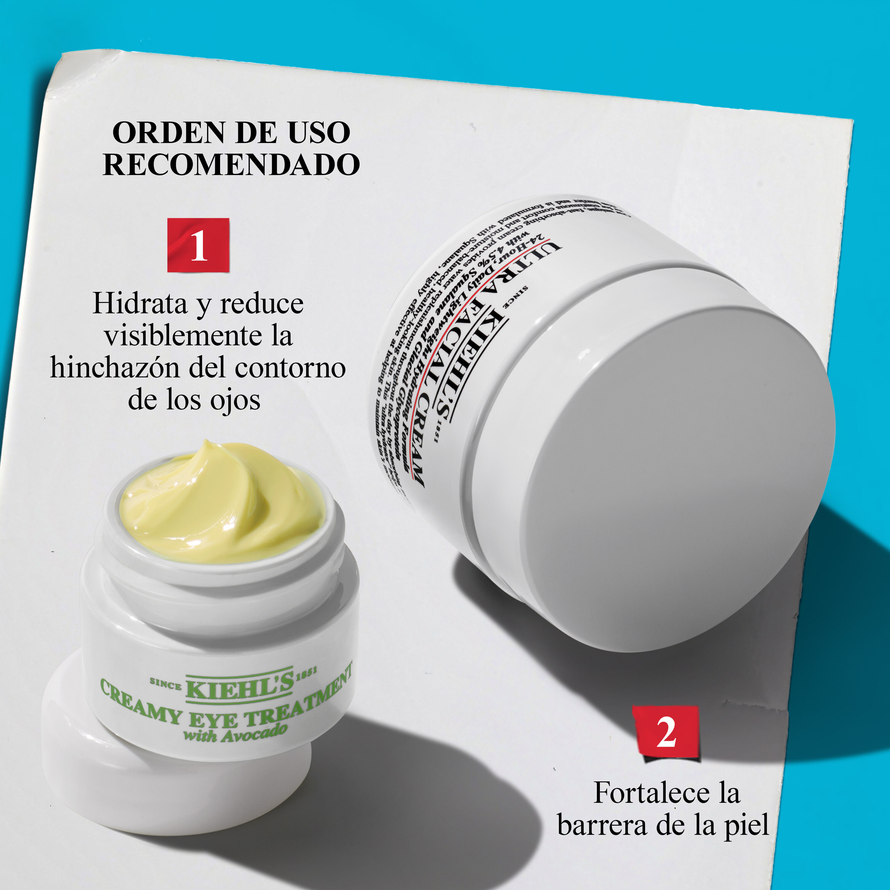 Kiehl's recommended order of use: Creamy Eye Treatment with Avocado to hydrate and de-puff under eyes, followed by Ultra Facial Cream to strengthen the skin barrier.