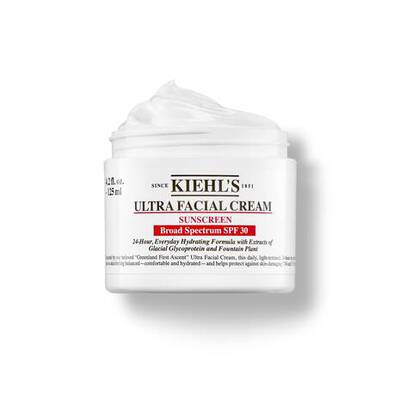 Crema facial Kiehl's Ultra con protector solar SPF 30, disenada para hidratacion diaria y proteccion contra los rayos UV.