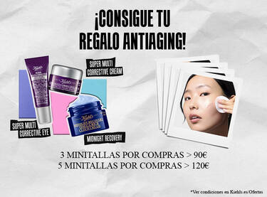 Publicidad Kiehl's: hasta 5 minitallas gratis por compras. 3 por >90€, 5 por >120€. Valido 09/03/2026 al 29/03/2026.