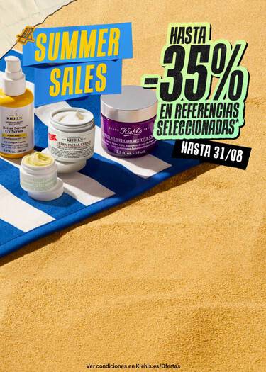 Banner Summer Sales de Kiehl's con productos sobre toalla de playa y descuento de hasta el 35%.