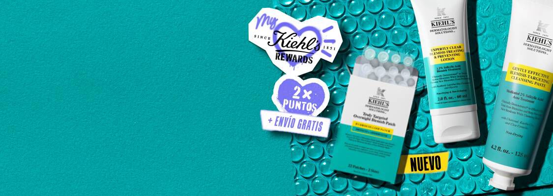 Banner de la rutina anti-imperfecciones de Kiehl's con limpiador, locion, serum y los nuevos parches.