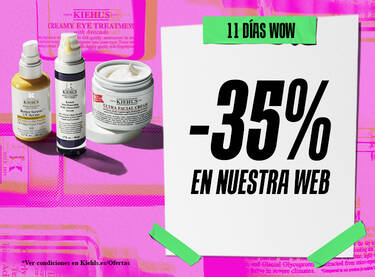 Cartel publicitario de Kiehl's: -35% de descuento en la web por los "11 Dias Wow", destacando productos de tratamiento con retinol, proteccion solar y crema hidratante.