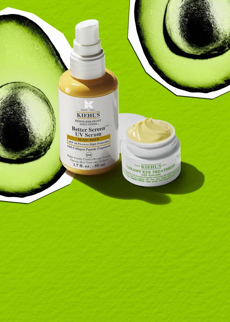 Serum Better Screen y contorno de ojos de aguacate de Kiehl's sobre fondo verde con graficos de aguacates.